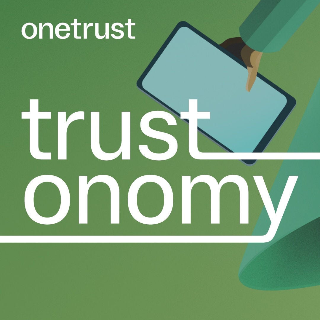 “OneTrust graphic with the word ‘trustonomy’ in large white text on a green background, showing a stylized hand holding a tablet, with the OneTrust logo in the top left.