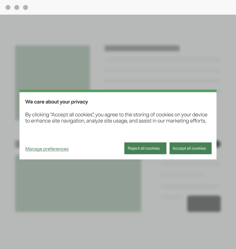 A cookie banner with a button to reject all cookies, a button to accept all cookies, and a link to a preferences center.