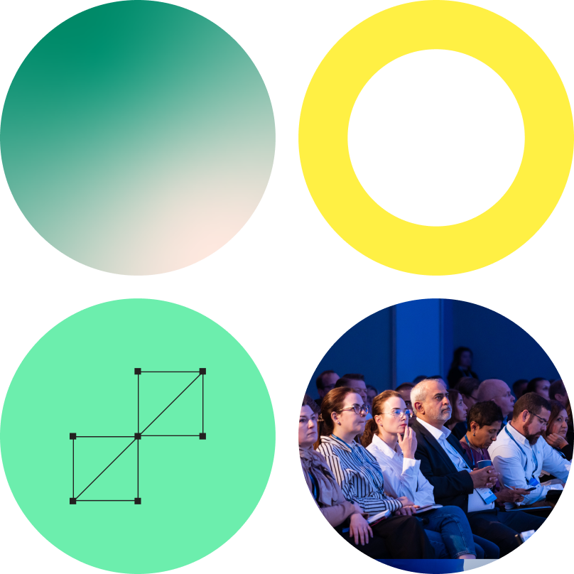 Misc circle graphics in trustweek branding with one photo of keynote crowd at trustweek