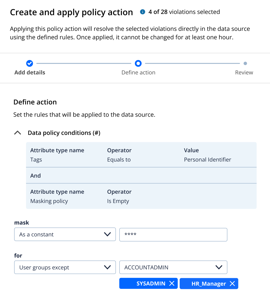 Screenshot of the Data Governance create and apply policy action screen