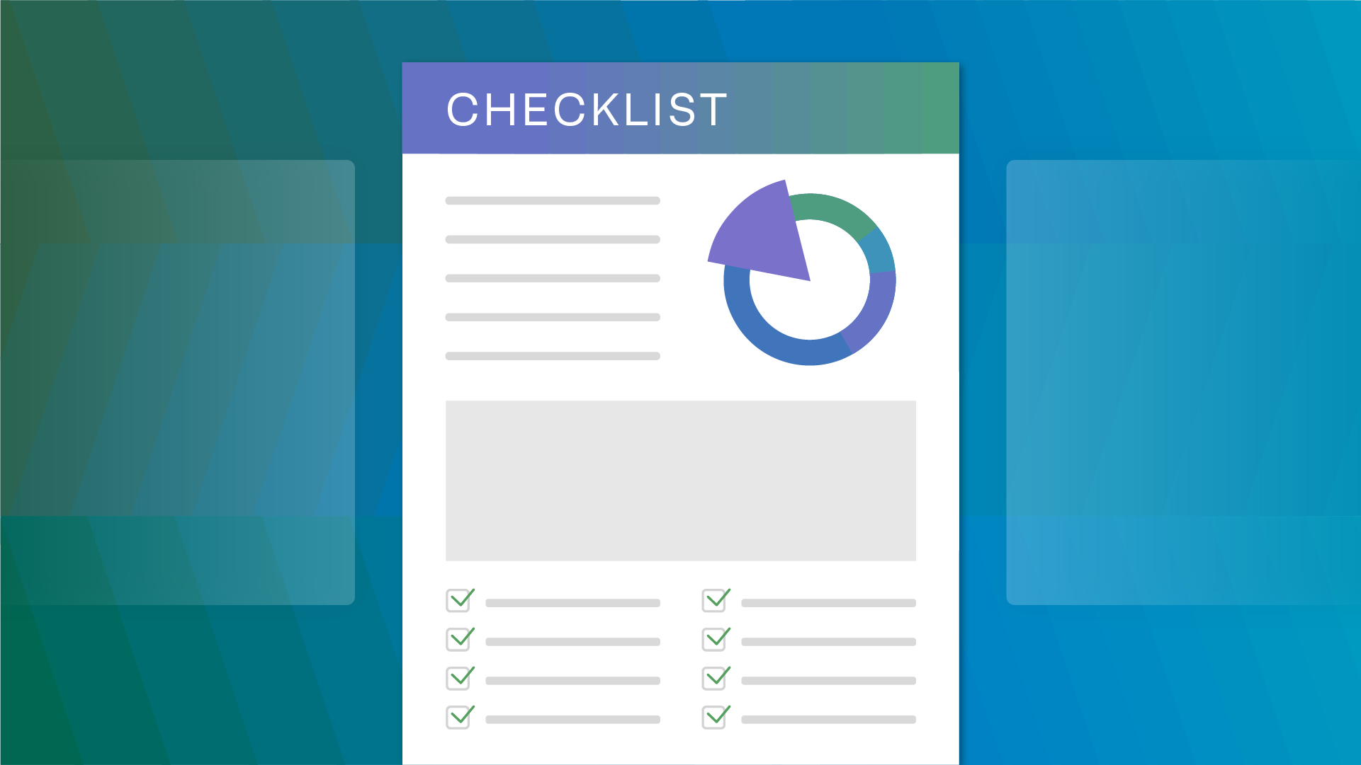 Document illustration with a 2 column checklist on it atop a multi gradient blue background